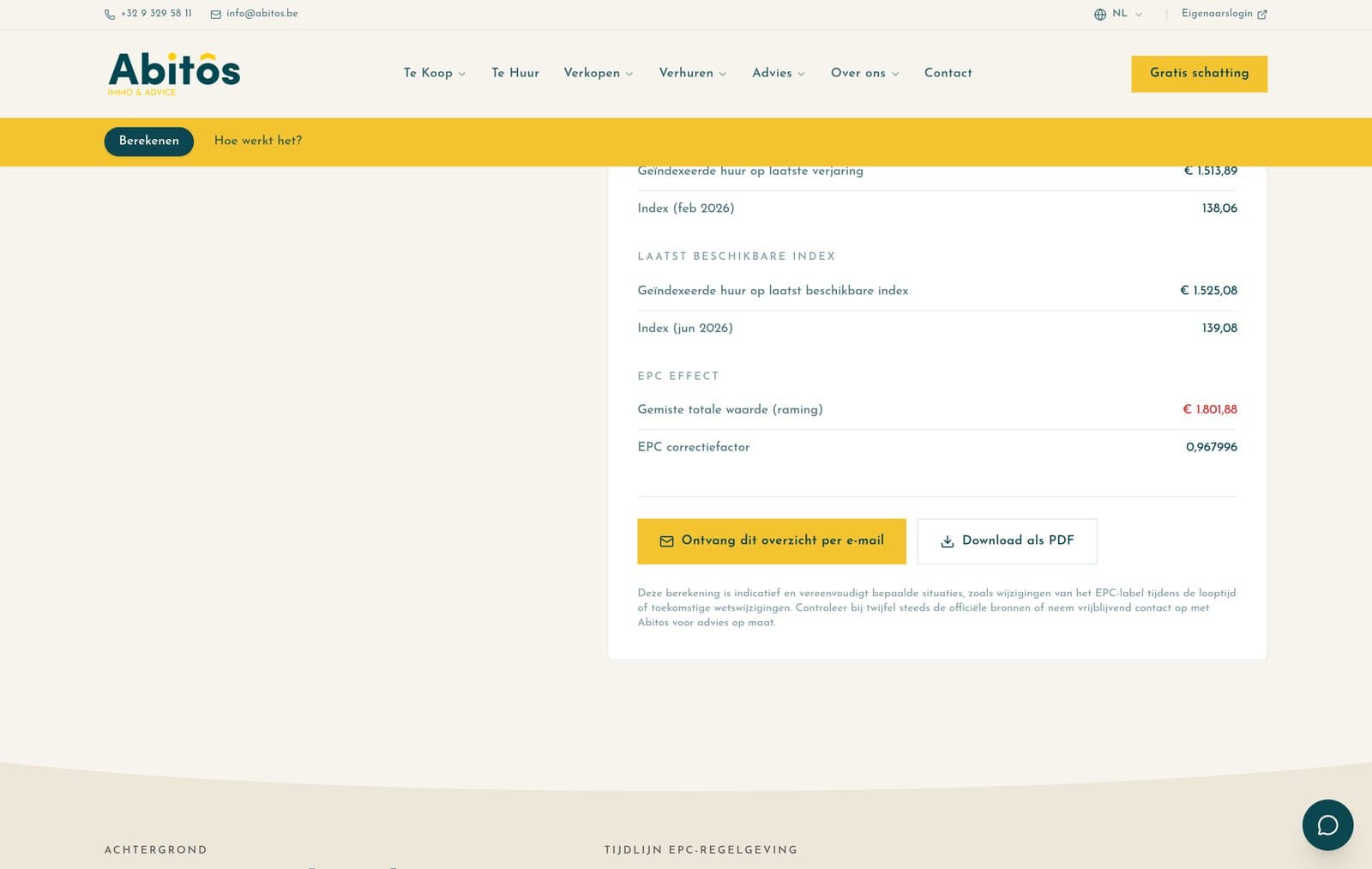 De volledige berekening van de huurindexatie, met knoppen voor e-mail en PDF